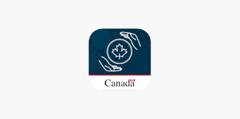 Icône de l'application ArriveCAN. Une illustration carrée de mains tenant une feuille d'érable entouré d'un cercle. iCône du Gouvernement du Canada. 