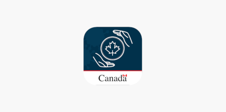 Icône de l'application ArriveCAN. Une illustration carrée de mains tenant une feuille d'érable entouré d'un cercle. iCône du Gouvernement du Canada. 