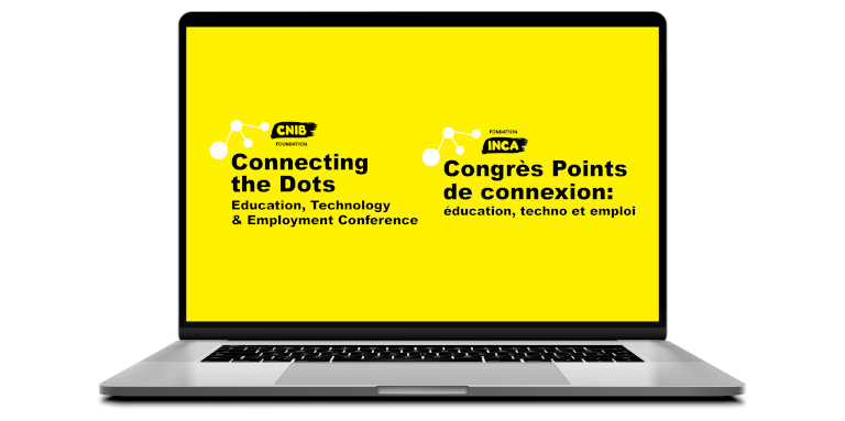 Un ordinateur portable présentant le logo bilingue du congrès Points de connexion sur un écran jaune.