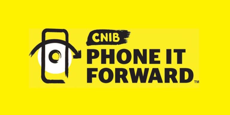 Phone it Forward Logo. An illustration of a smartphone with an arrow layered on top of it. Text: CNIB Phone it Forward.