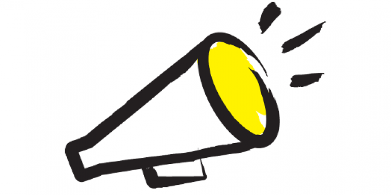 An illustration of a megaphone outlined in a black paintbrush style design with yellow accents.