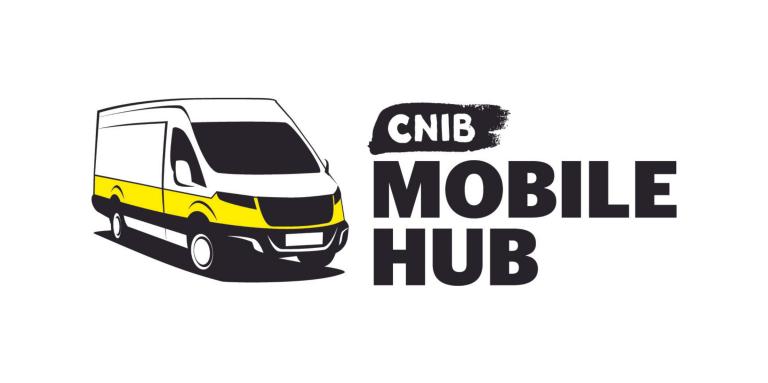 CNIB Mobile Hub logo. A graphic art illustration of a white cargo van outlined with yellow and black accents. Text: CNIB Mobile Hub.
