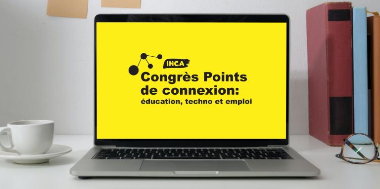 Un ordinateur portable présentant le logo du congrès Points de connexion sur un écran jaune.