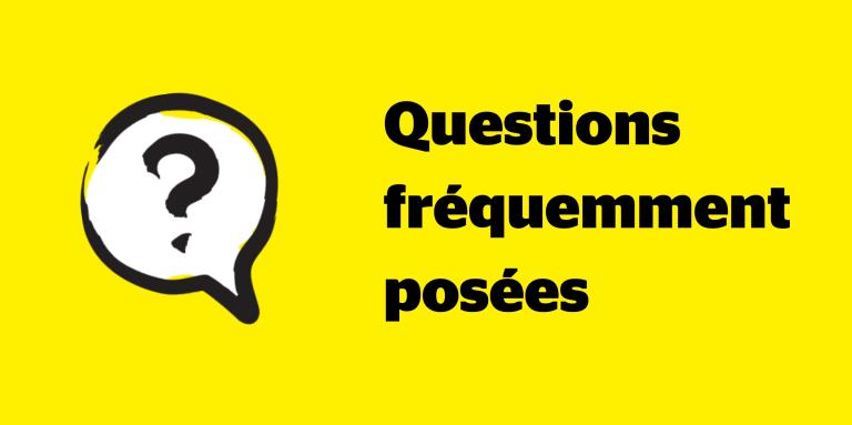 Bannière jaune avec l'icône d'une bulle de dialogue aux couleurs jaune et noir d'INCA. À l'intérieur de la bulle se trouve l'icône d'un point d'interrogation. À droite de l'icône, le texte : FAQ