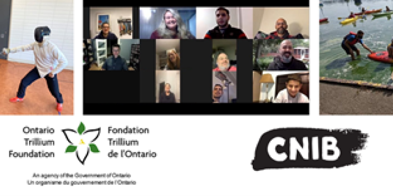 Composite image showing the Ontario Trillium logo, the CNIB logo, smiling participants on a Zoom call, two fencing students and a group of kids kayaking at CNIB Lake Joe