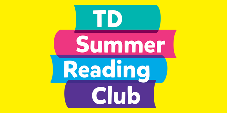 TD Summer Reading club logo. A graphic design illustration that resembles a stack of four colourful books. Text: TD Summer Reading Club