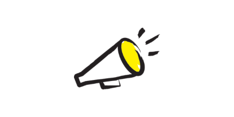 An illustration of a megaphone outlined in a black paintbrush style design with yellow accents.