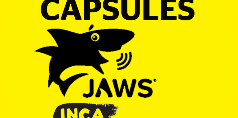 Cercle jaune avec le logo de Jaws pour former le texte Capsules Jaws et le logo d'INCA