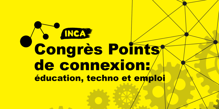 Logo du congrès Points de connexion avec des engrenage, des points reliés et le texte: éducation, techno et emploi