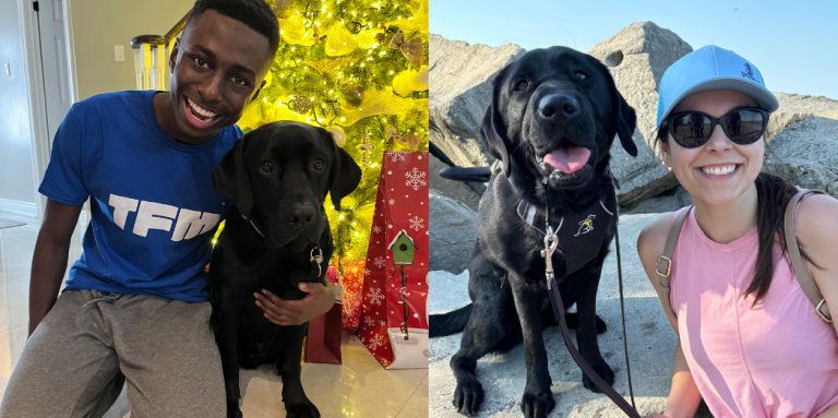 Collage de deux photographies représentant deux partenariats de fin d'études. À gauche : Adam et son chien-guide, Murdoch, un labrador noir, posent pour une photo ensemble devant un arbre de Noël. Adam sourit d'une oreille à l'autre et s'agenouille sur le sol à côté de Murdoch. Adam serre Murdoch à moitié dans ses bras. A droite : À l'extérieur, Danica et son chien-guide, Ella, un labrador noir, posent pour une photo ensemble devant un rocher/un mur de pierre.