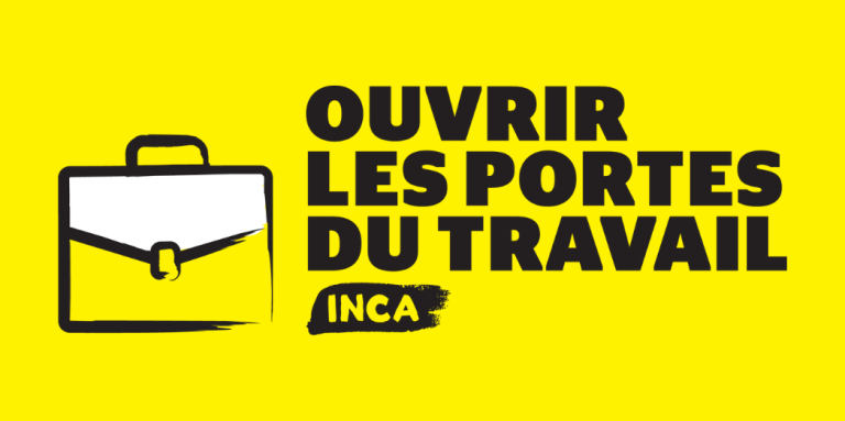 Logo de Ouvrir les portes du travail d'INCA. Une image d'une mallette dont les contours sont noirs, dessinés au pinceau. Texte : Ouvrir les portes du travail d'INCA.