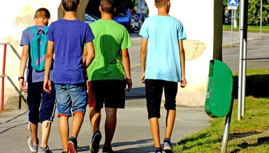 The backs of a group of 4 teenage boys as they walk off to school.