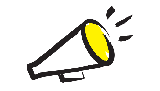 An illustration of a megaphone outlined in a black paintbrush style design with yellow accents.