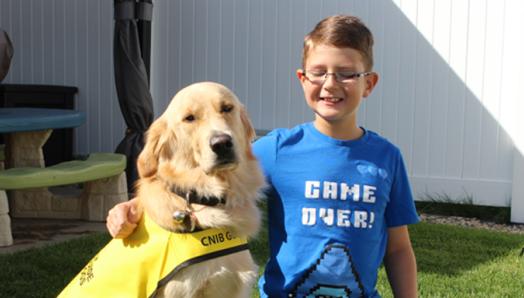 A smiling boy in glasses with his arm around a Golden Retriever in a yellow vest.