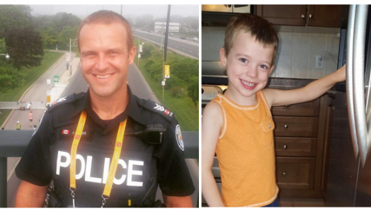 Detective Jeff Bangild in police uniform and his young son, Ryan
