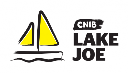 An illustration of a sailboat outlined in a black paintbrush style design. A dash of white paint appears on the boat sail. Text: CNIB Lake Joe.