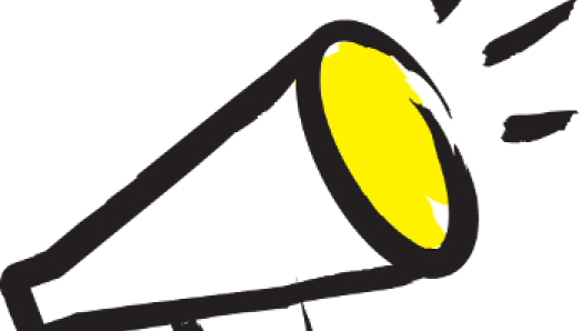 An illustration of a megaphone outlined in a black paintbrush style design with yellow accents.