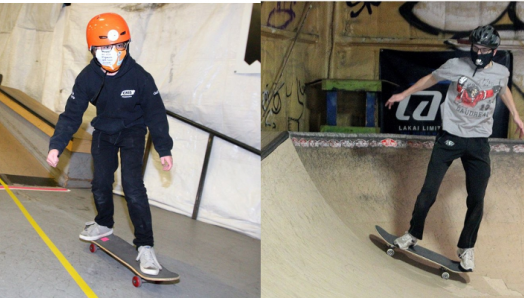 Left: Gabriel Pigeon, a member of the "Skate Bats" is seen riding his skateboard at The Compound skatepark. Right: Curtis Ruttle rides a skateboard and attempts a quarter pipe inside the skatepark. He is wearing a helmet.
