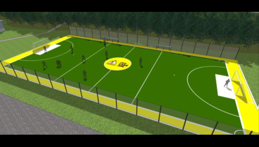 A rendering of the new synthetic turf soccer pitch, a 40m x 20m field. 2m high black netting on the sides, with the CNIB Lake Joe logo (white sailboat) in a yellow circle at centre field, soccer goal nets at each end and a yellow border around the field's edge. 