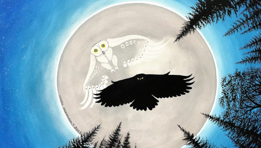 A painting by Perry Perrault of two owls, one black one white, flying high in the centre of a full moon in a blue night sky. Forest trees surround the moon.