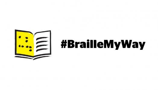 A white  banner featuring an illustration of a braille book outlined in a thick, black paintbrush design. Text: Braille My Way.