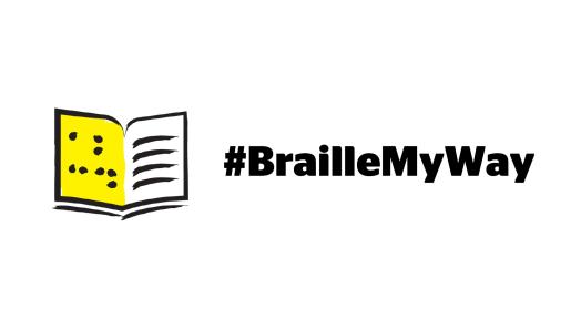 A white banner featuring an illustration of a braille book outlined in a thick, black paintbrush design. Text: Braille My Way.