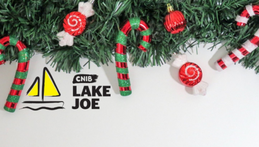CNIB Lake Joe logo under a bough of evergreens with candy canes and ornaments.