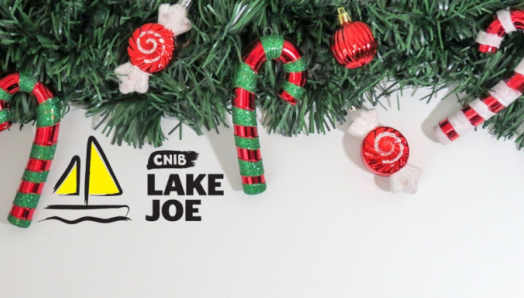 Le logo d'INCA Lake Joe sous une branche de sapin avec des cannes de bonbon et des ornements.