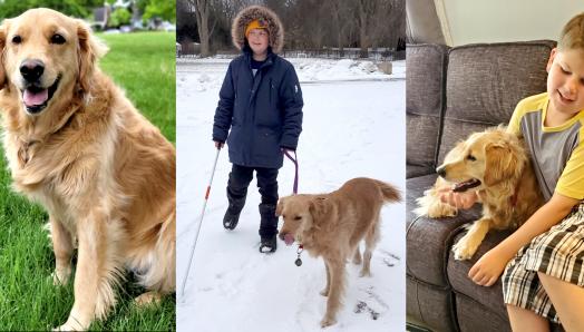A collage of three photographs. Left: Queenie, a golden retriever. Center: Mason wearing a blue parka standing out in the snow, holding Queenie’s leash with his left hand, and his white cane in his right hand. Right. Mason sitting on the sofa cuddling Queenie, a golden retriever.