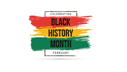An index card with three different brushstrokes. One brushstroke in red, one in yellow and one in green colours. Text: Celebrating Black History Month. February. 