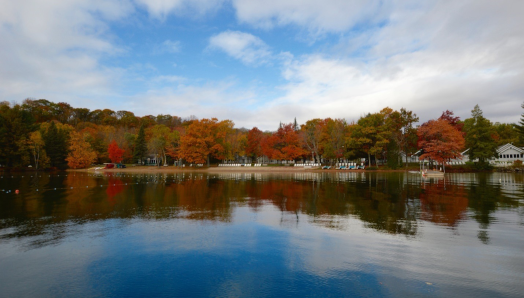A beautiful autumn view of CNIB Lake Joe’s shoreline from the water. The foliage is changing colours on the trees lining the lake.