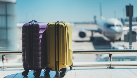 Deux valises sont posées côte à côte devant la fenêtre d’une salle d’embarquement d’un aéroport. De l’autre côté de la fenêtre, un avion se trouve sur le tarmac, à la porte d’embarquement. L’avion est flou et mal cadré.